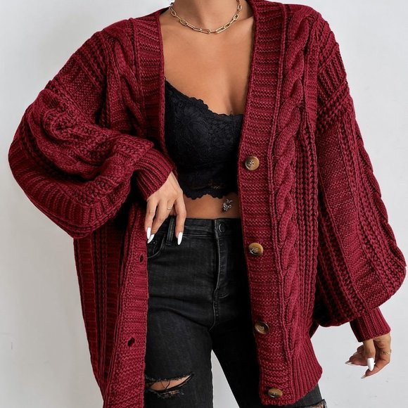 . Sweaters - Burgundy Casual Womens Bishop Sleeve Button Up Cardigan